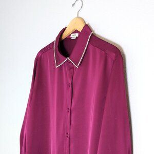 JASON WU Burgundy Satin Long Sleeve Rhinestone Trim Blouse SZ L